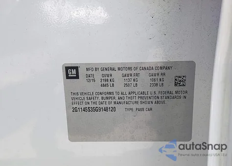 2016 Chevrolet Impala 2Lz из США, поврежденный, VIN 2G1145S35G9148120